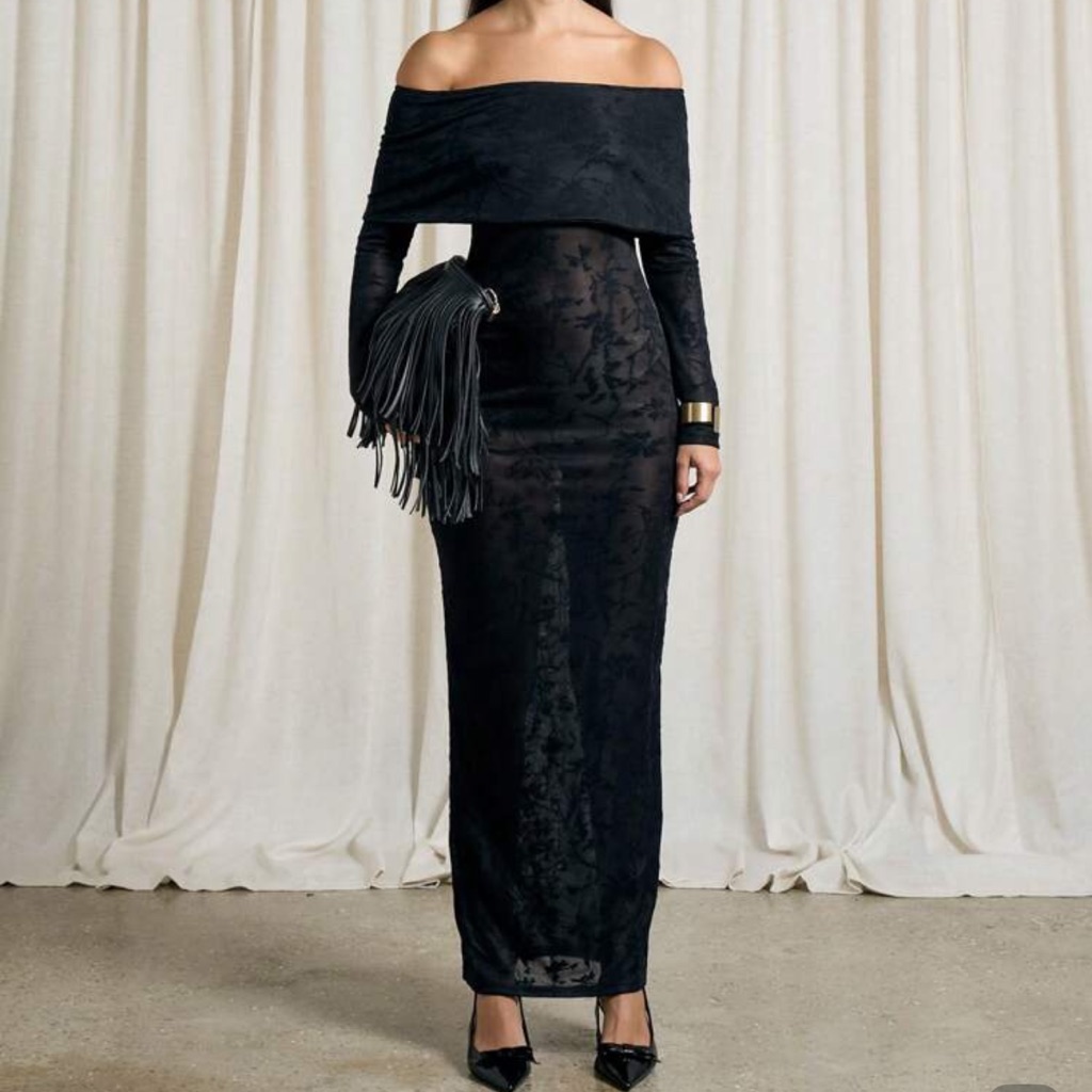 Aiirz Lace Flap Off-Shoulder Detail Long Sleeves Bodycon Maxi Dress